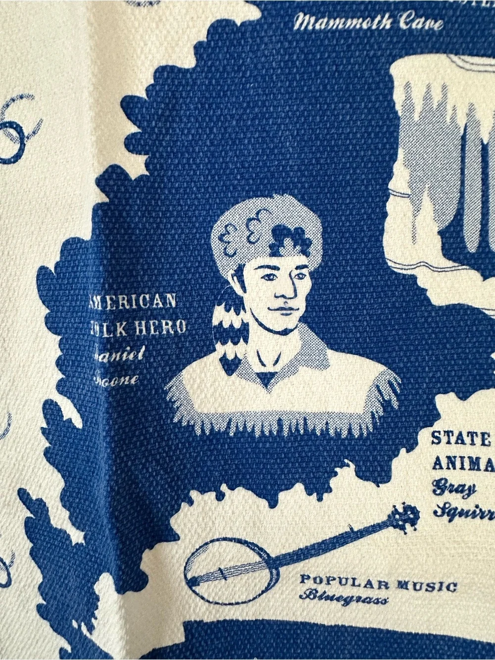 Old Home Kentucky dish towel blue white Daniel Boone horseshoe souvenir novelty